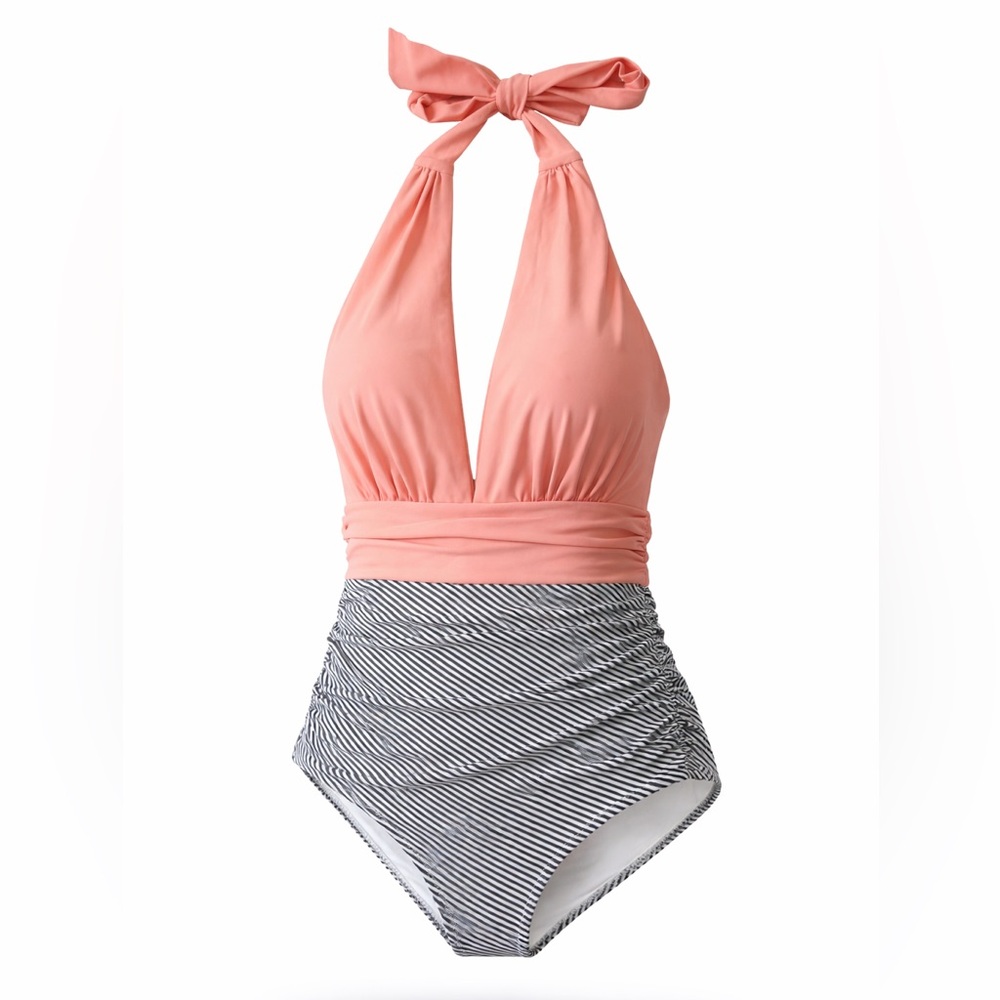 Peach Halter One Piece Swimsuit Bow Tie Neck Striped Ruched Bottom Womens Medium